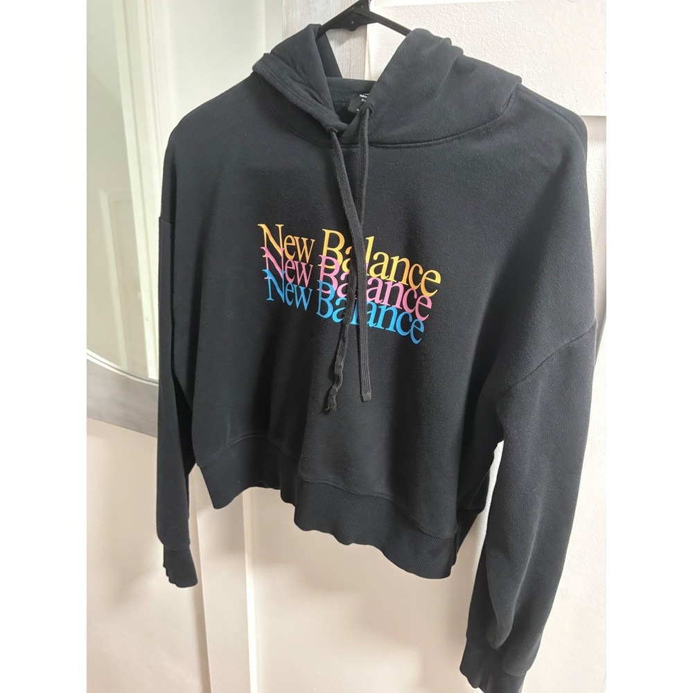 New Balance Womens Cropped Hoodie Black Multi Color Stacked Logo Sweatshirt M